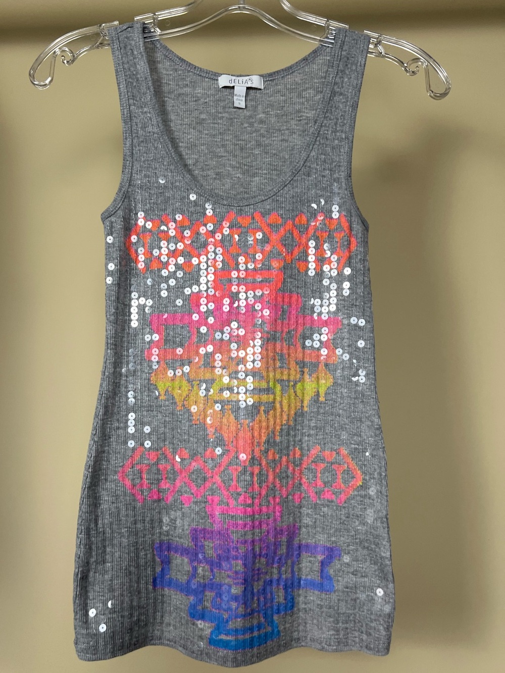 dELiA*s Gray Ribbed Tank with Neon Aztec Sequin Design